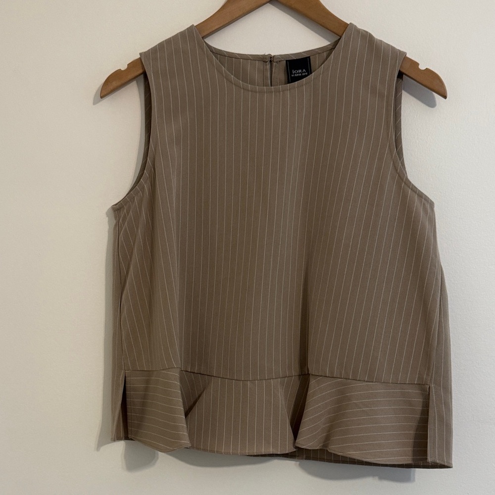 Iora Tan Pinstripe Sleeveless Blouse with Ruffle Hem